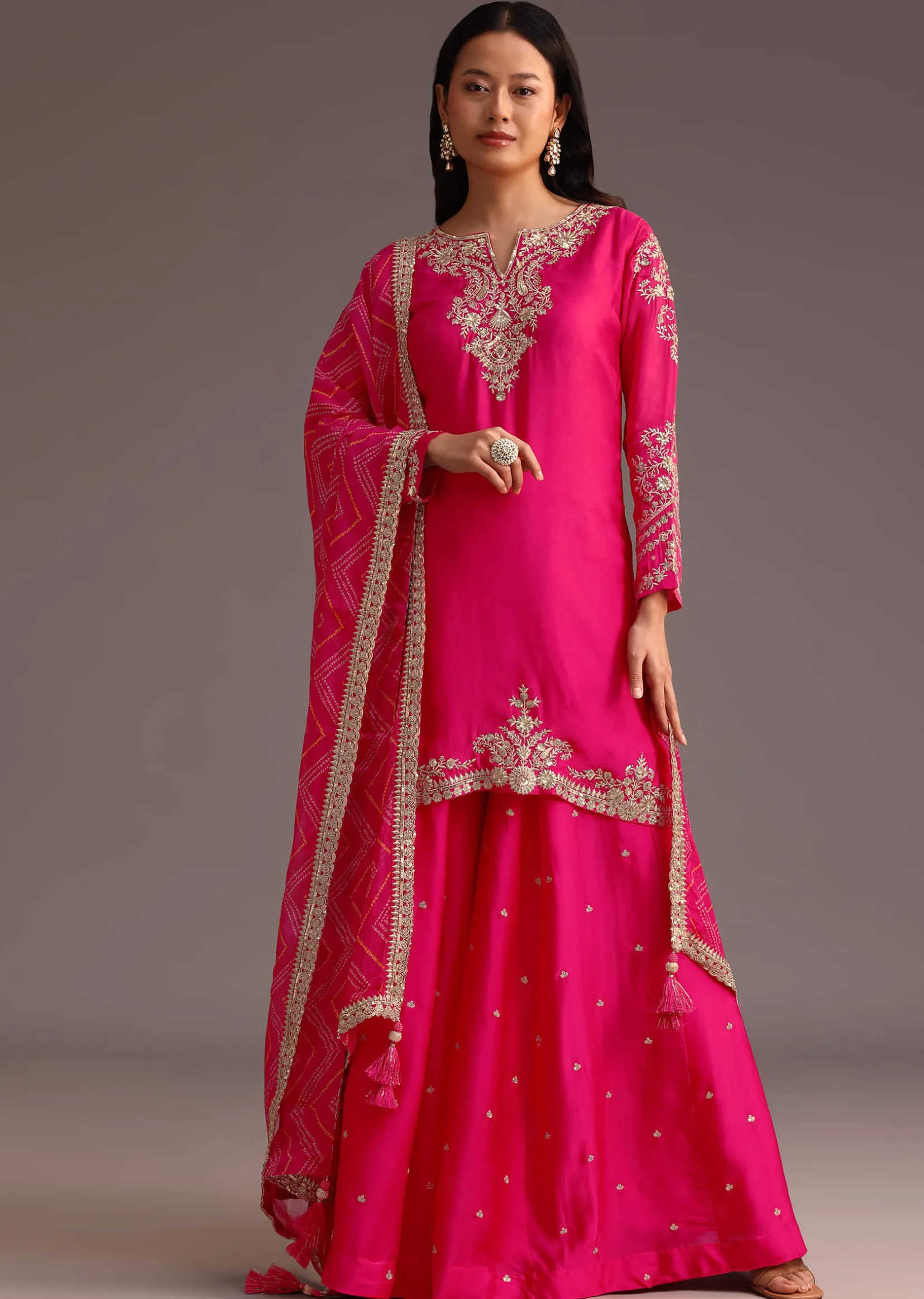 Pink Zari Work Palazzo Set With Organza Dupatta