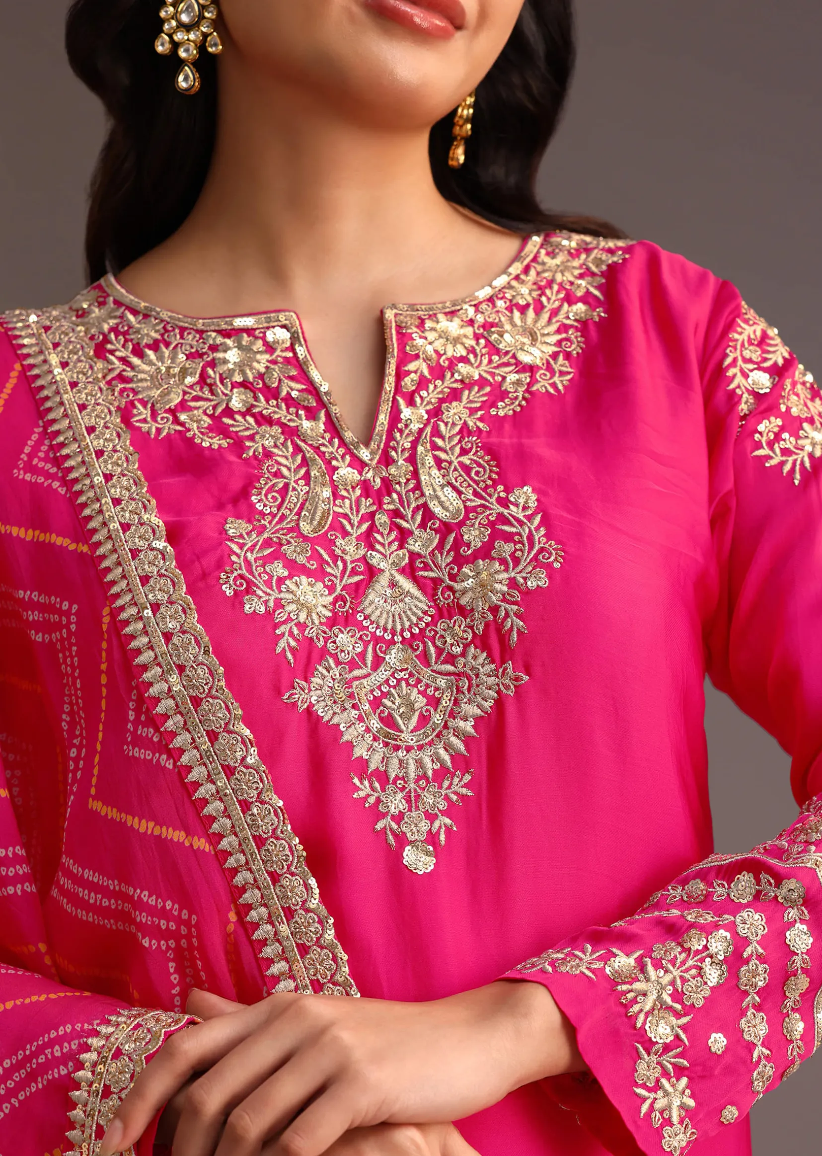 Pink Zari Work Palazzo Set With Organza Dupatta