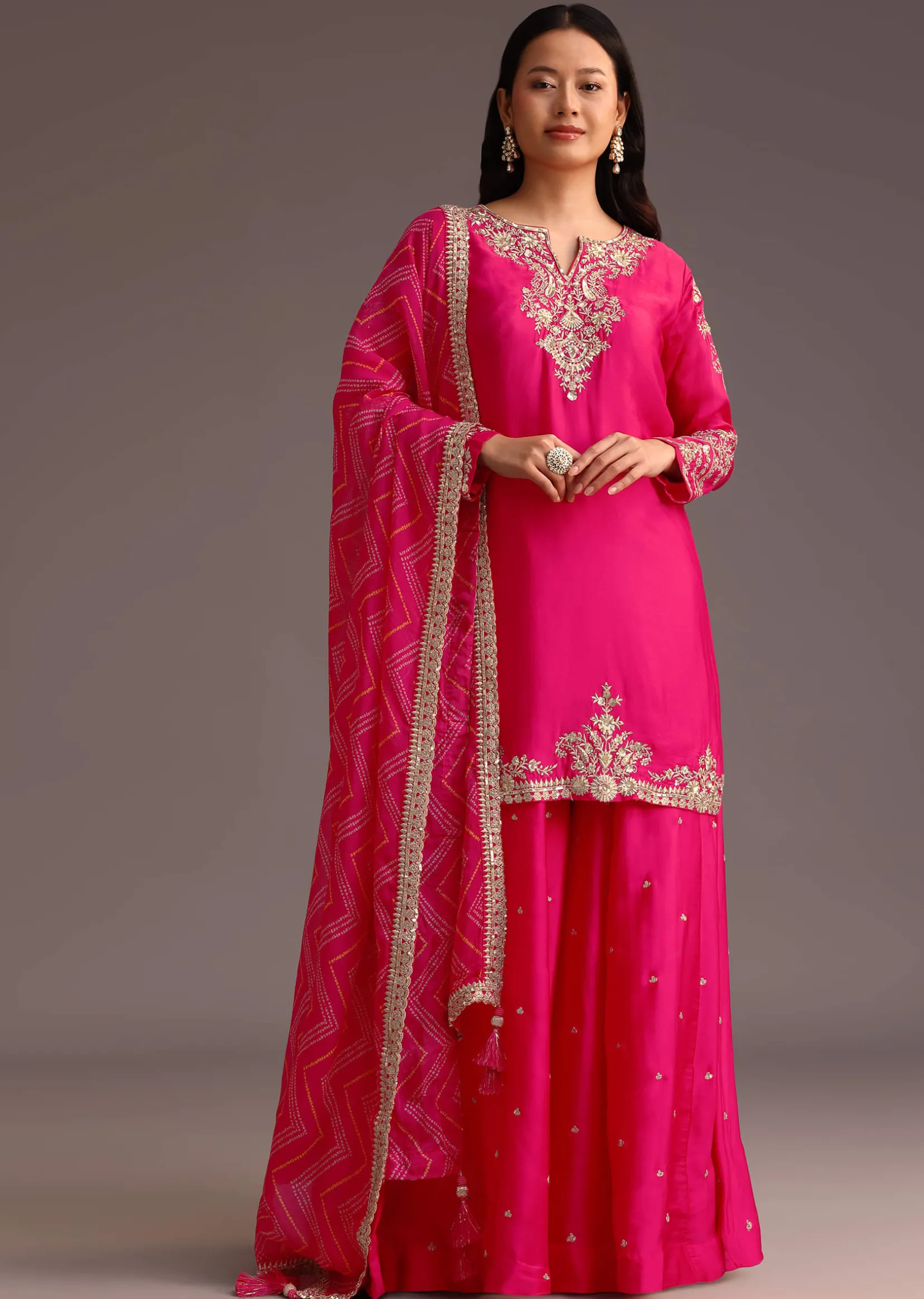 Pink Zari Work Palazzo Set With Organza Dupatta