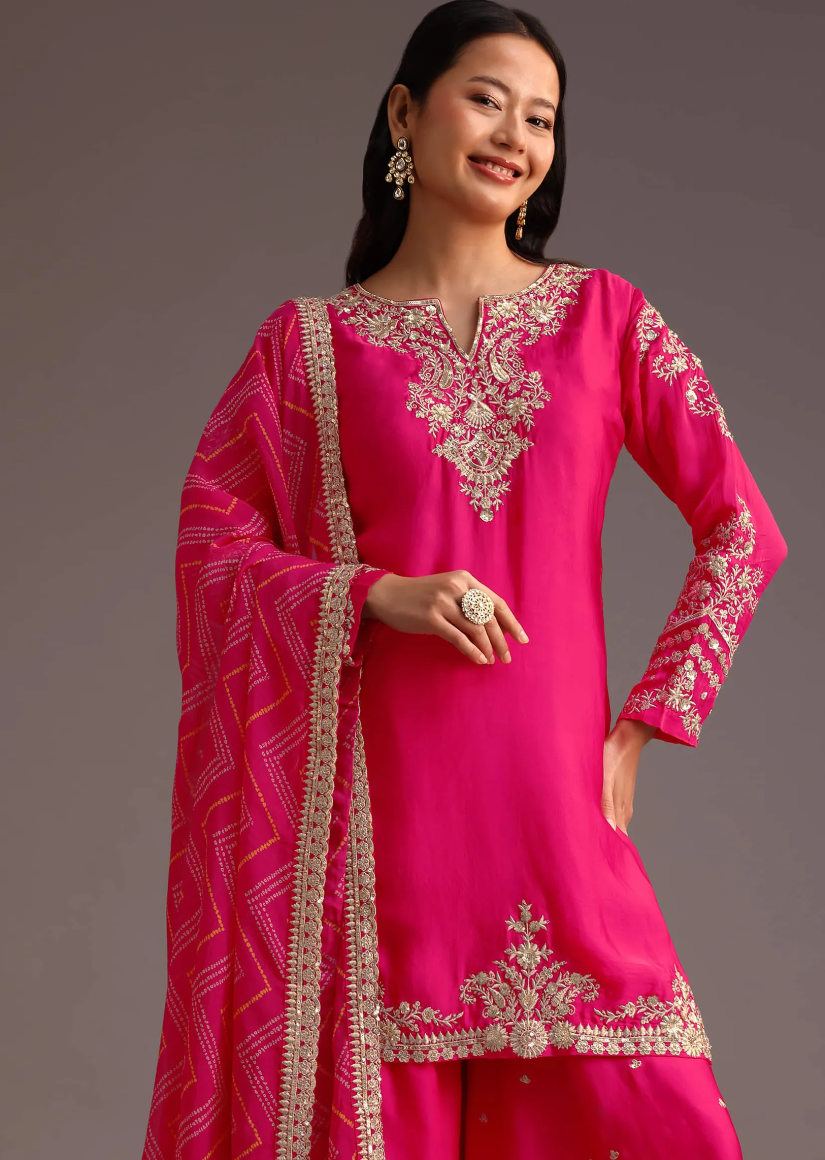 Pink Zari Work Palazzo Set With Organza Dupatta