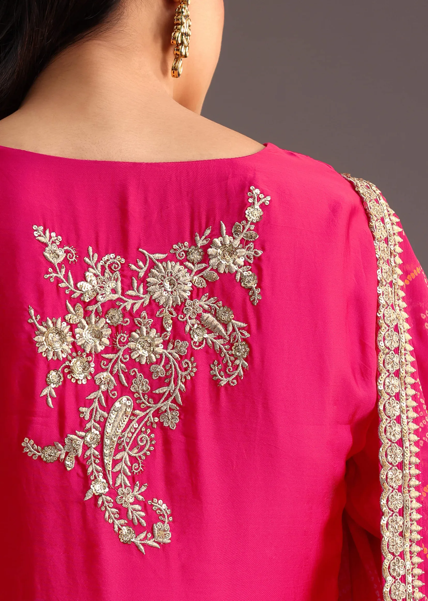Pink Zari Work Palazzo Set With Organza Dupatta