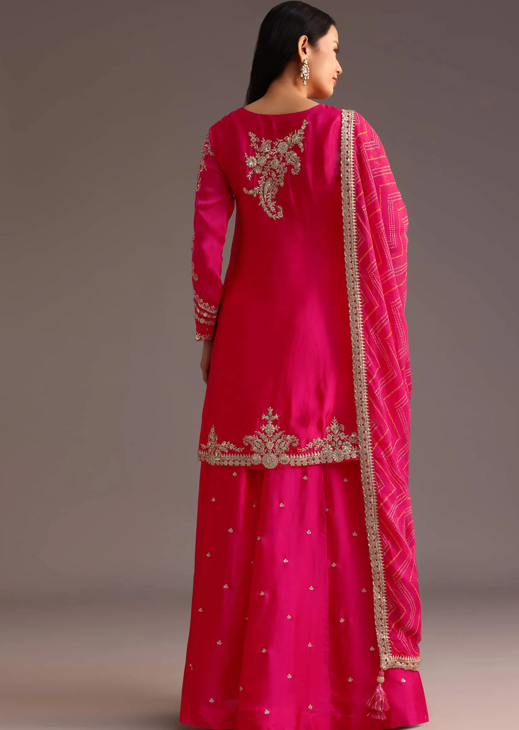 Pink Zari Work Palazzo Set With Organza Dupatta