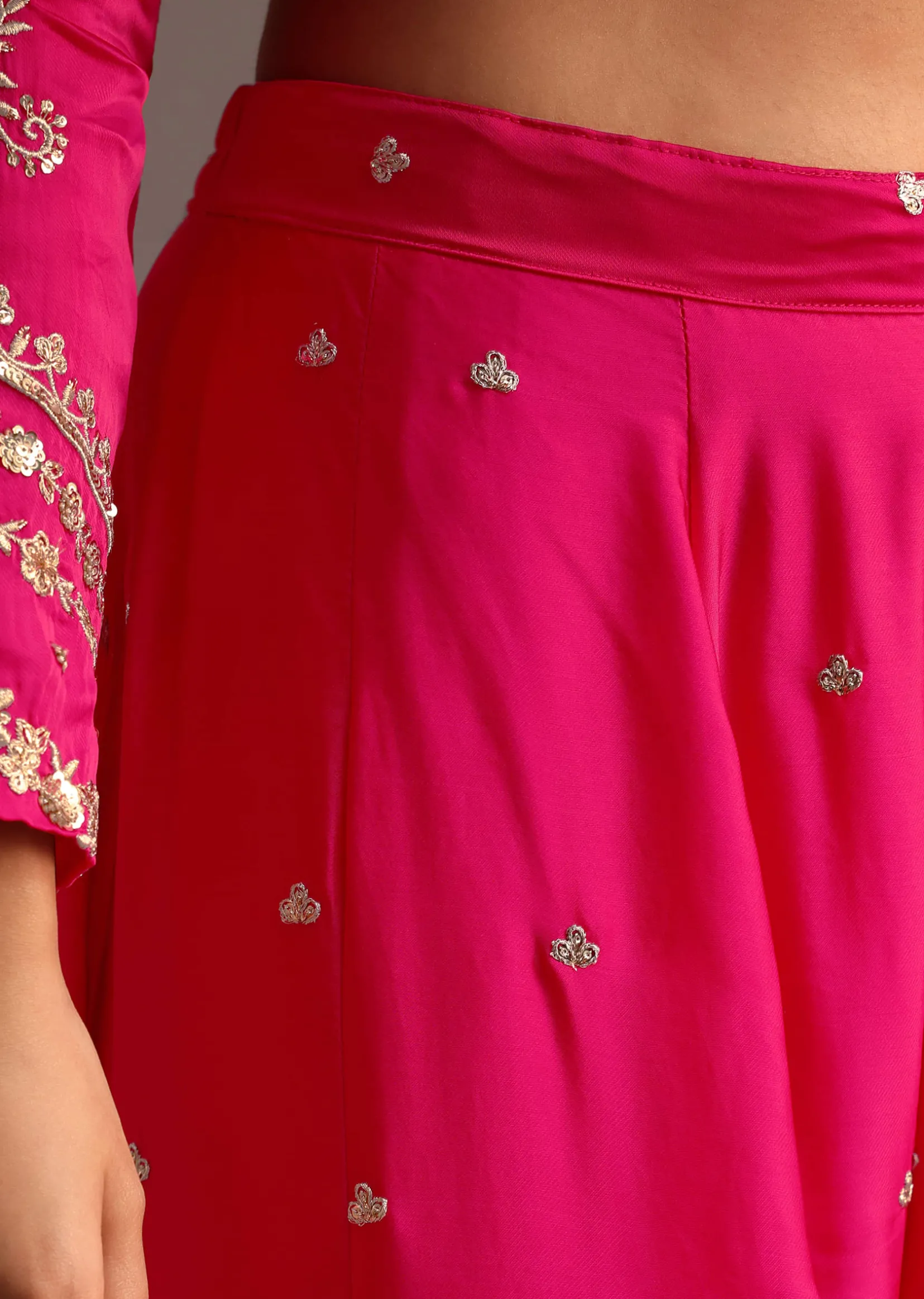 Pink Zari Work Palazzo Set With Organza Dupatta