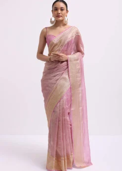 Pink Zari Woven Chanderi Saree With Unstitched Blouse