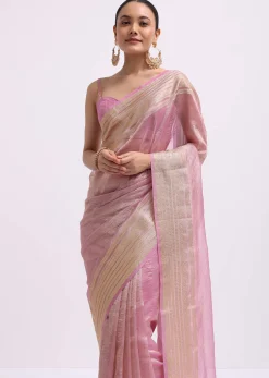 Pink Zari Woven Chanderi Saree With Unstitched Blouse