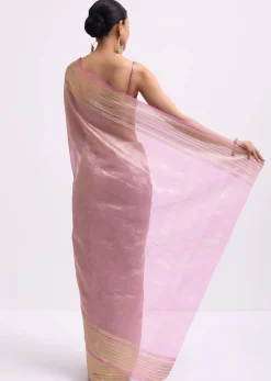 Pink Zari Woven Chanderi Saree With Unstitched Blouse