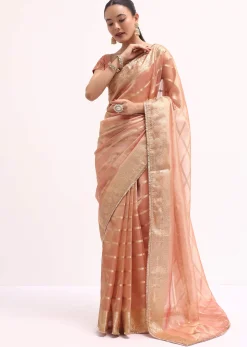 Pinkish Gold Zari Chanderi Silk Saree With Unstitched Border
