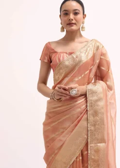 Pinkish Gold Zari Chanderi Silk Saree With Unstitched Border