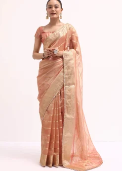 Pinkish Gold Zari Chanderi Silk Saree With Unstitched Border