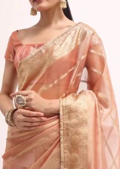 Pinkish Gold Zari Chanderi Silk Saree With Unstitched Border