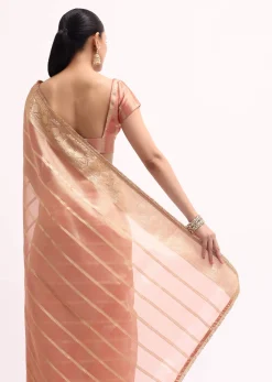 Pinkish Gold Zari Chanderi Silk Saree With Unstitched Border