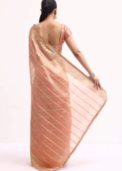 Pinkish Gold Zari Chanderi Silk Saree With Unstitched Border