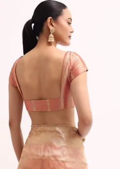 Pinkish Gold Zari Chanderi Silk Saree With Unstitched Border
