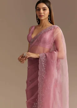 Pinkish Lavender Tissue Saree With Sequins Cutdana And Scallop Border