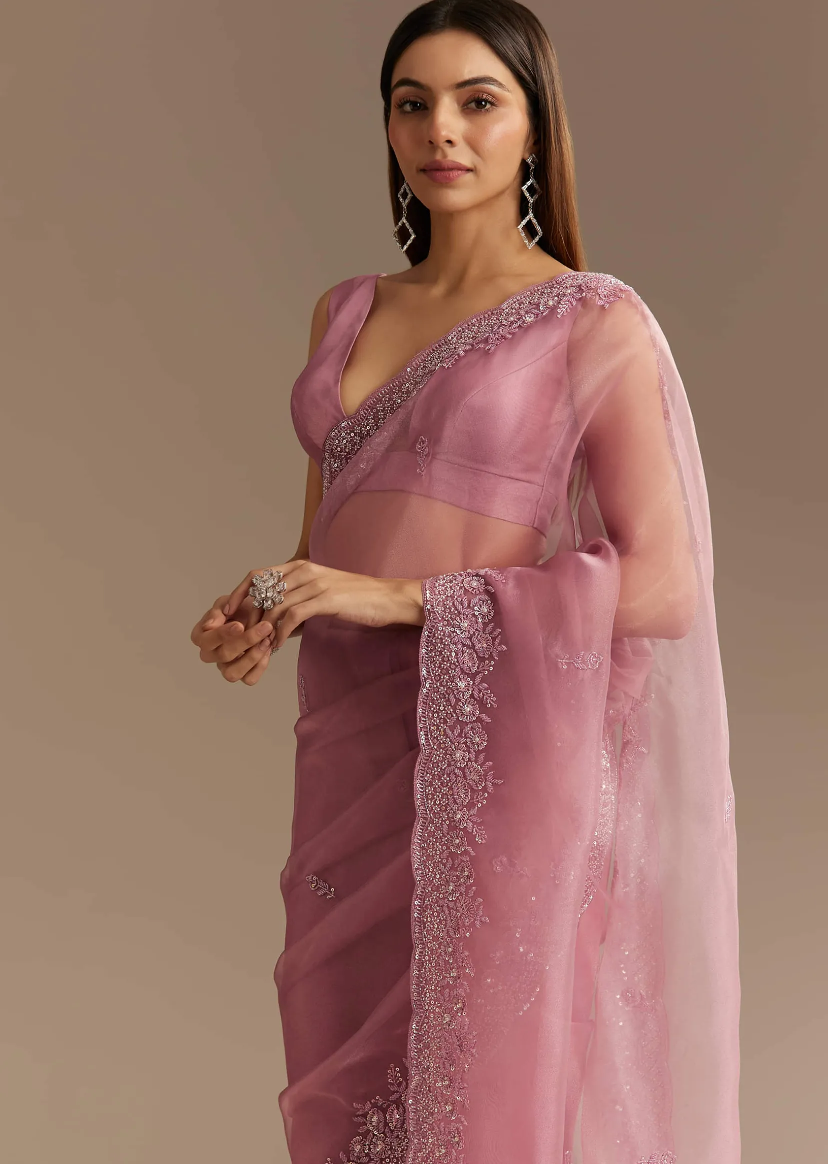 Pinkish Lavender Tissue Saree With Sequins Cutdana And Scallop Border