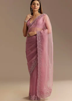 Pinkish Lavender Tissue Saree With Sequins Cutdana And Scallop Border