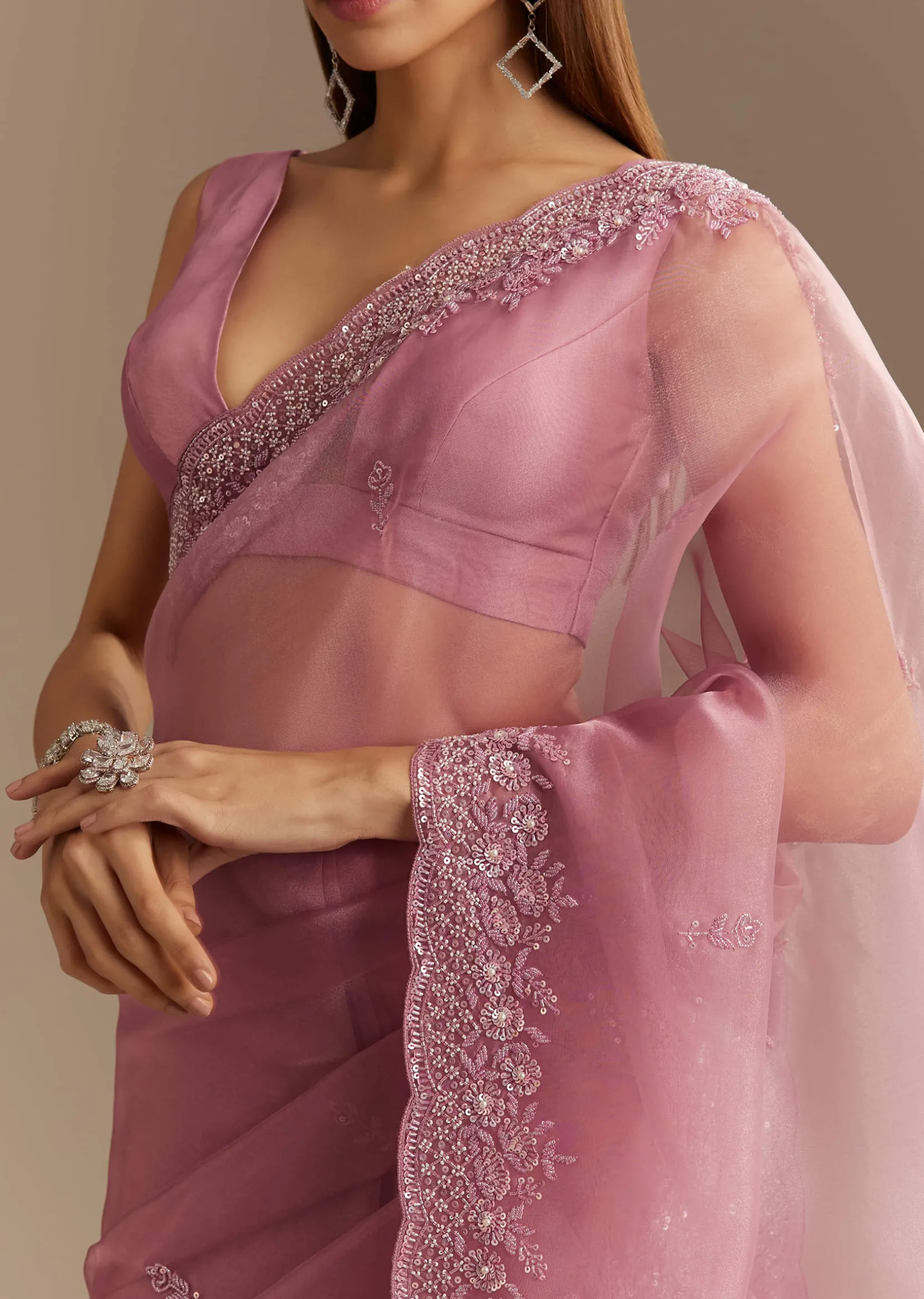 Pinkish Lavender Tissue Saree With Sequins Cutdana And Scallop Border