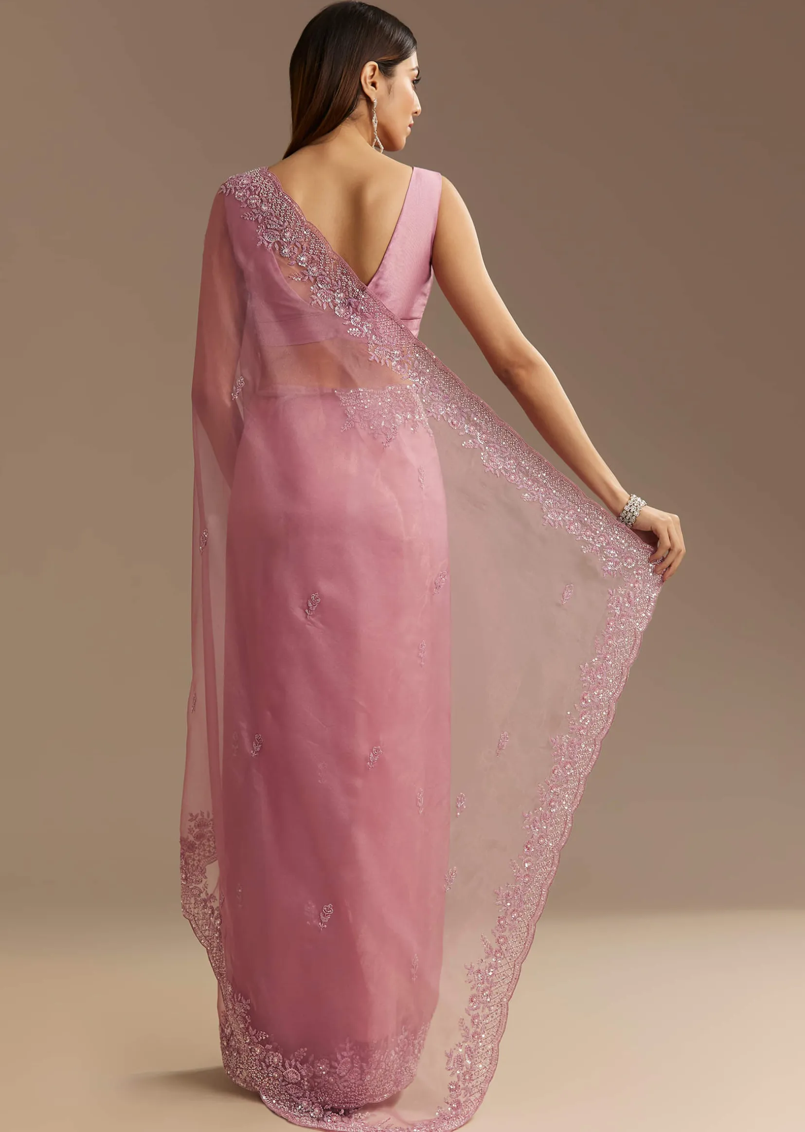 Pinkish Lavender Tissue Saree With Sequins Cutdana And Scallop Border
