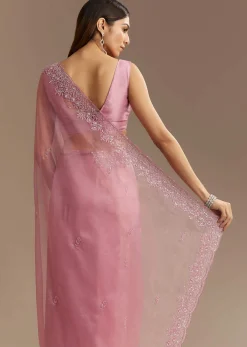 Pinkish Lavender Tissue Saree With Sequins Cutdana And Scallop Border