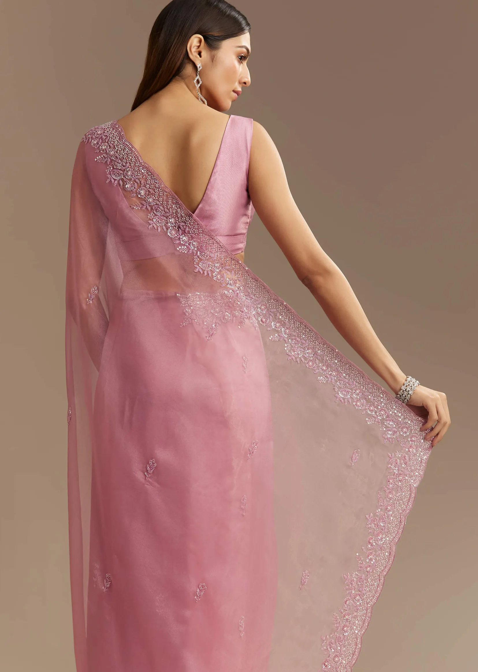 Pinkish Lavender Tissue Saree With Sequins Cutdana And Scallop Border