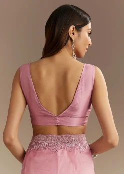 Pinkish Lavender Tissue Saree With Sequins Cutdana And Scallop Border