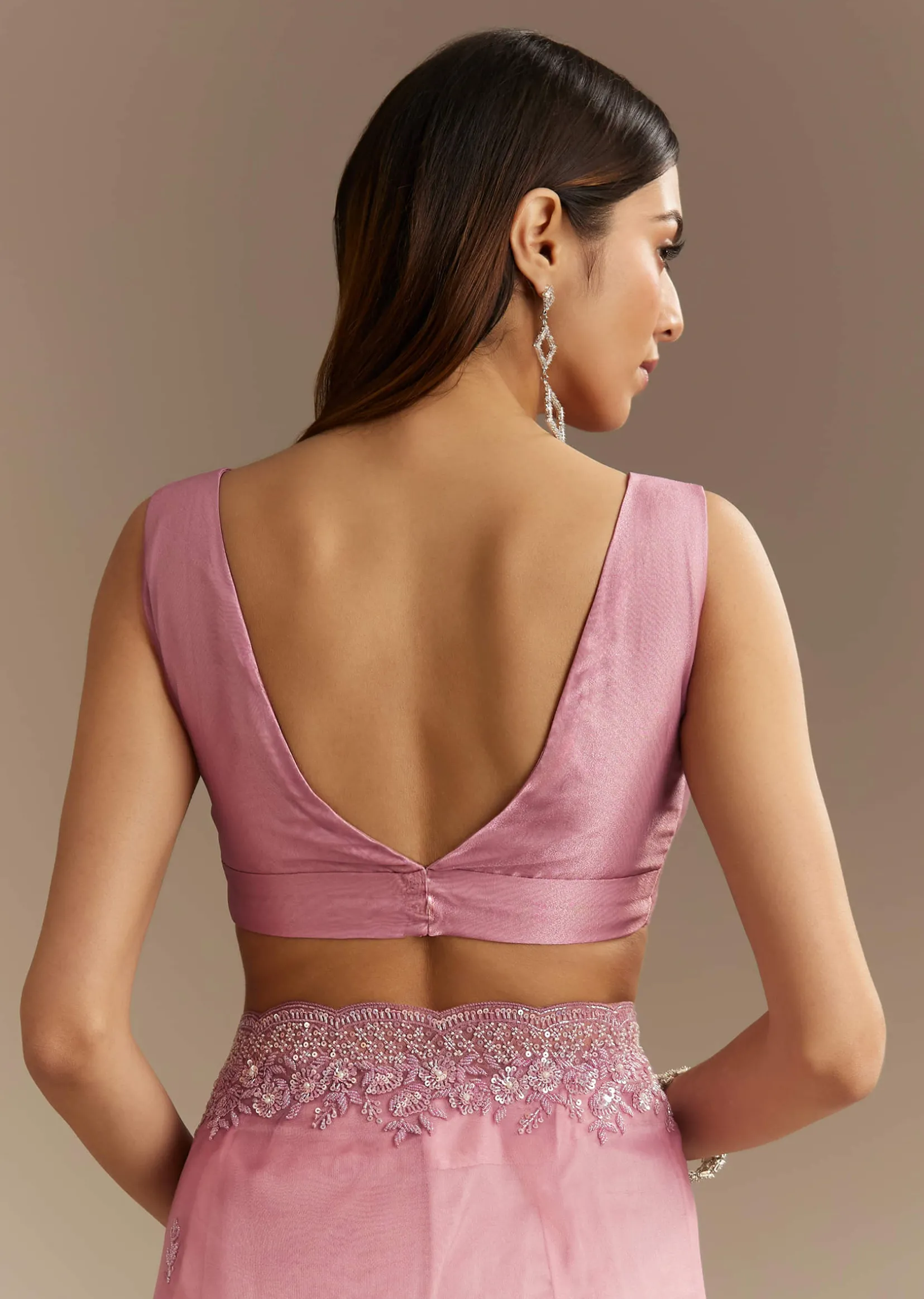 Pinkish Lavender Tissue Saree With Sequins Cutdana And Scallop Border
