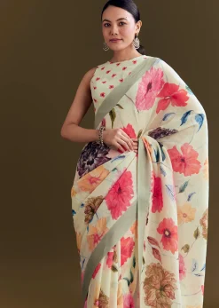 Pista Cotton Linen Saree With Multicolor Florals