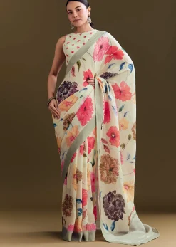 Pista Cotton Linen Saree With Multicolor Florals