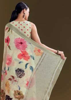 Pista Cotton Linen Saree With Multicolor Florals