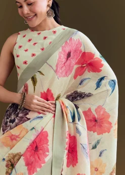 Pista Cotton Linen Saree With Multicolor Florals