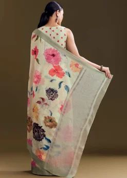 Pista Cotton Linen Saree With Multicolor Florals