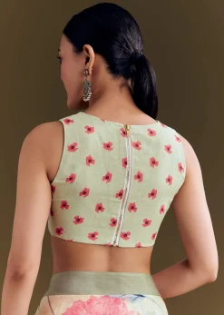 Pista Cotton Linen Saree With Multicolor Florals
