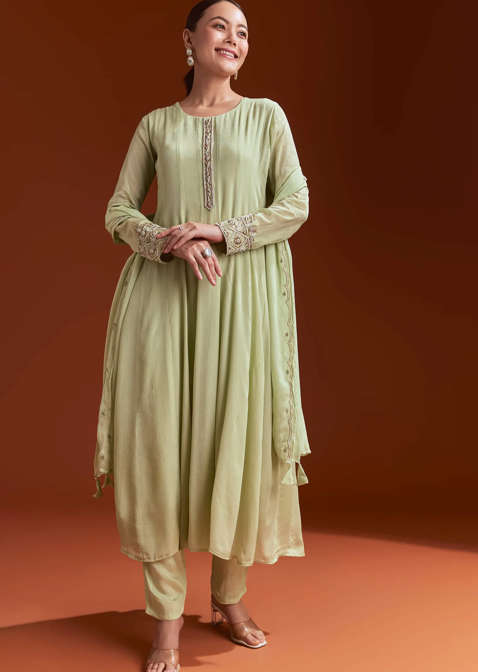 Pista Green Chinon Anarkali Suit With Beads And Stone Work