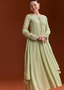 Pista Green Chinon Anarkali Suit With Beads And Stone Work