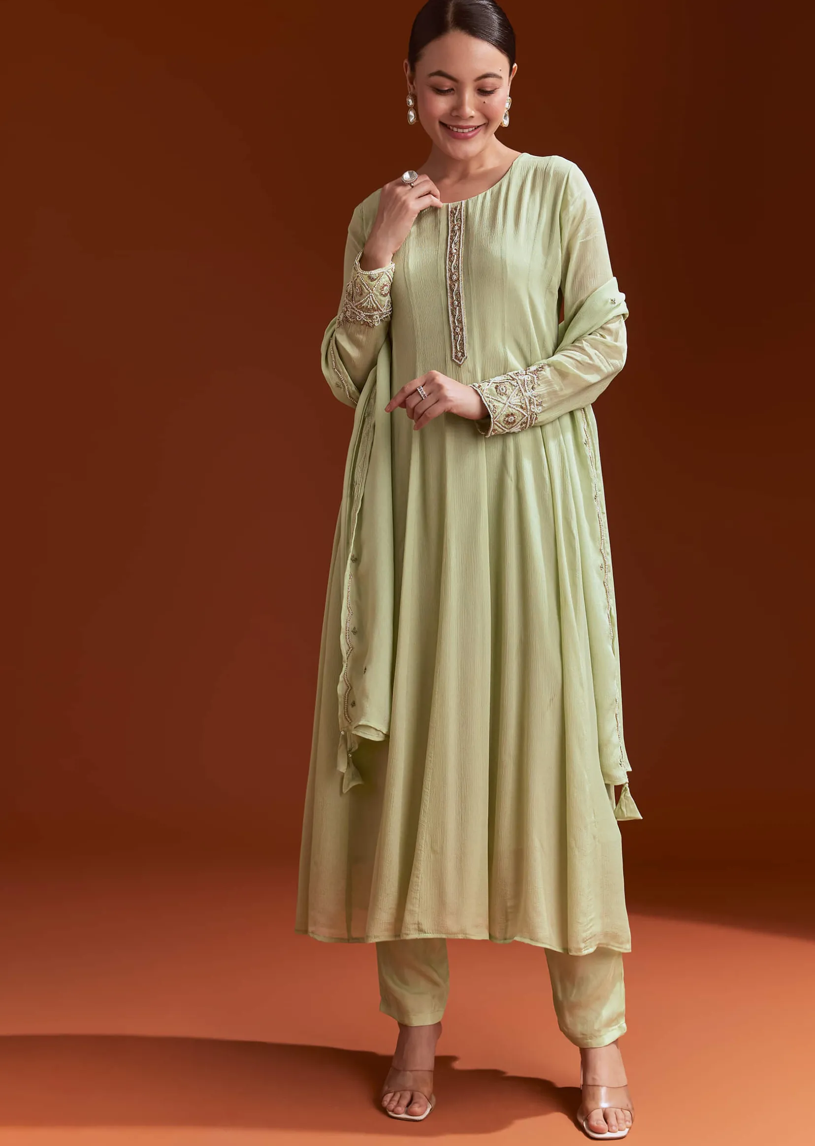 Pista Green Chinon Anarkali Suit With Beads And Stone Work