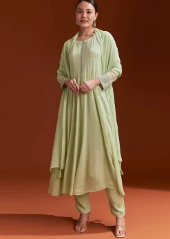 Pista Green Chinon Beaded Stone Work Anarkali Suit