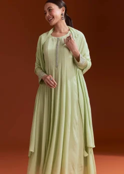 Pista Green Chinon Beaded Stone Work Anarkali Suit