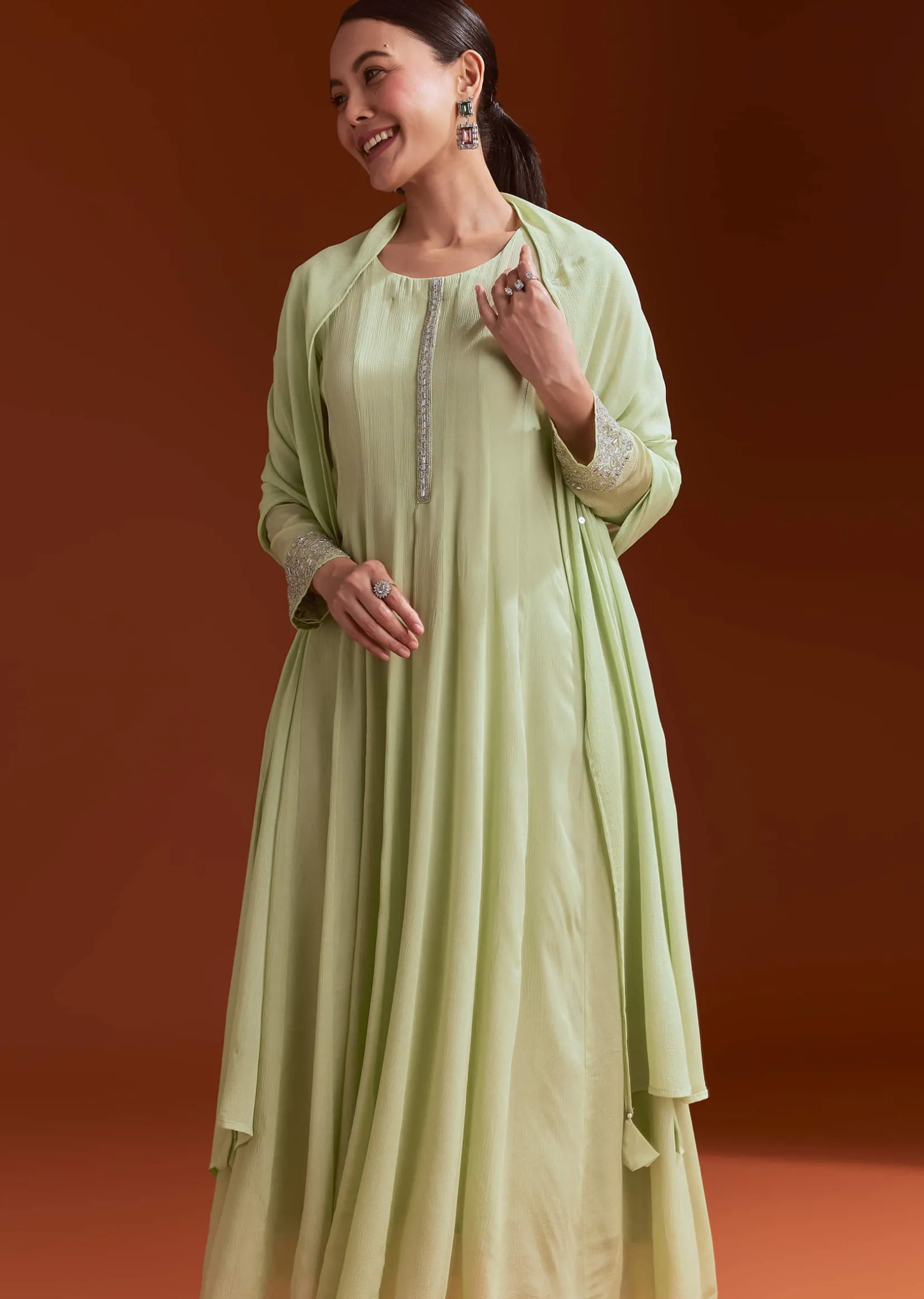 Pista Green Chinon Beaded Stone Work Anarkali Suit