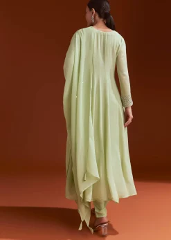 Pista Green Chinon Beaded Stone Work Anarkali Suit