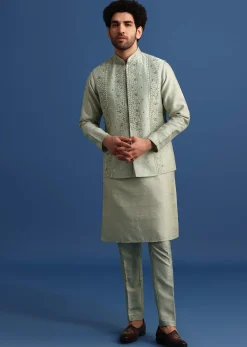 Pista Green Cotton Silk Kurta Jacket Set With Resham And Mirror Work