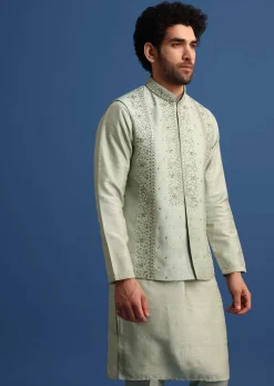 Pista Green Cotton Silk Kurta Jacket Set With Resham And Mirror Work