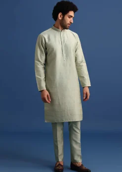 Pista Green Cotton Silk Kurta Jacket Set With Resham And Mirror Work