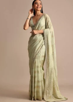 Pista Green Embroidered Georgette Saree With Unstitched Blouse