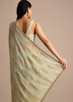 Pista Green Embroidered Georgette Saree With Unstitched Blouse