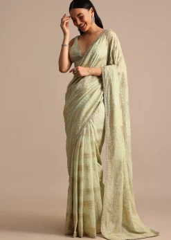 Pista Green Embroidered Georgette Saree With Unstitched Blouse