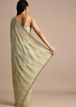 Pista Green Embroidered Georgette Saree With Unstitched Blouse