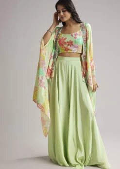 Pista Green Floral Cape Set With Crop Top And Palazzo
