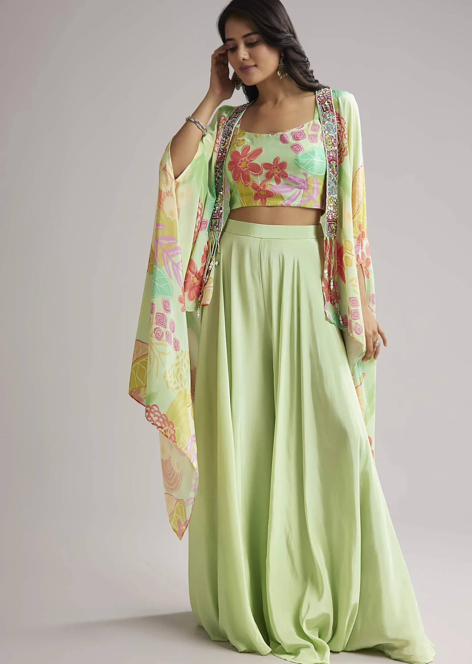 Pista Green Floral Cape Set With Crop Top And Palazzo