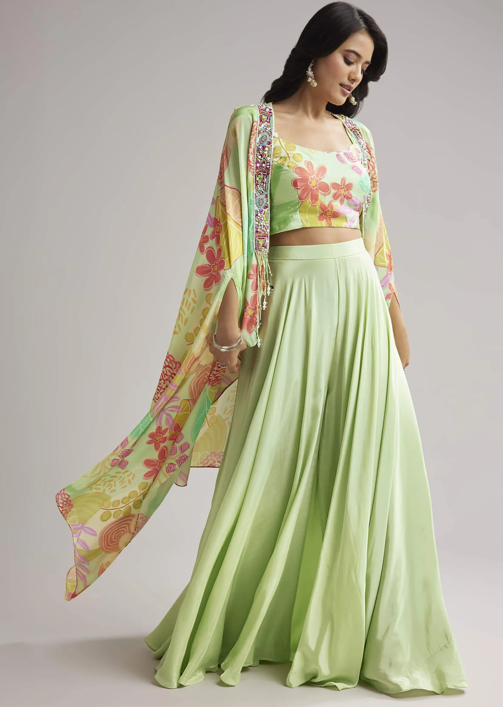 Pista Green Floral Cape Set With Crop Top And Palazzo