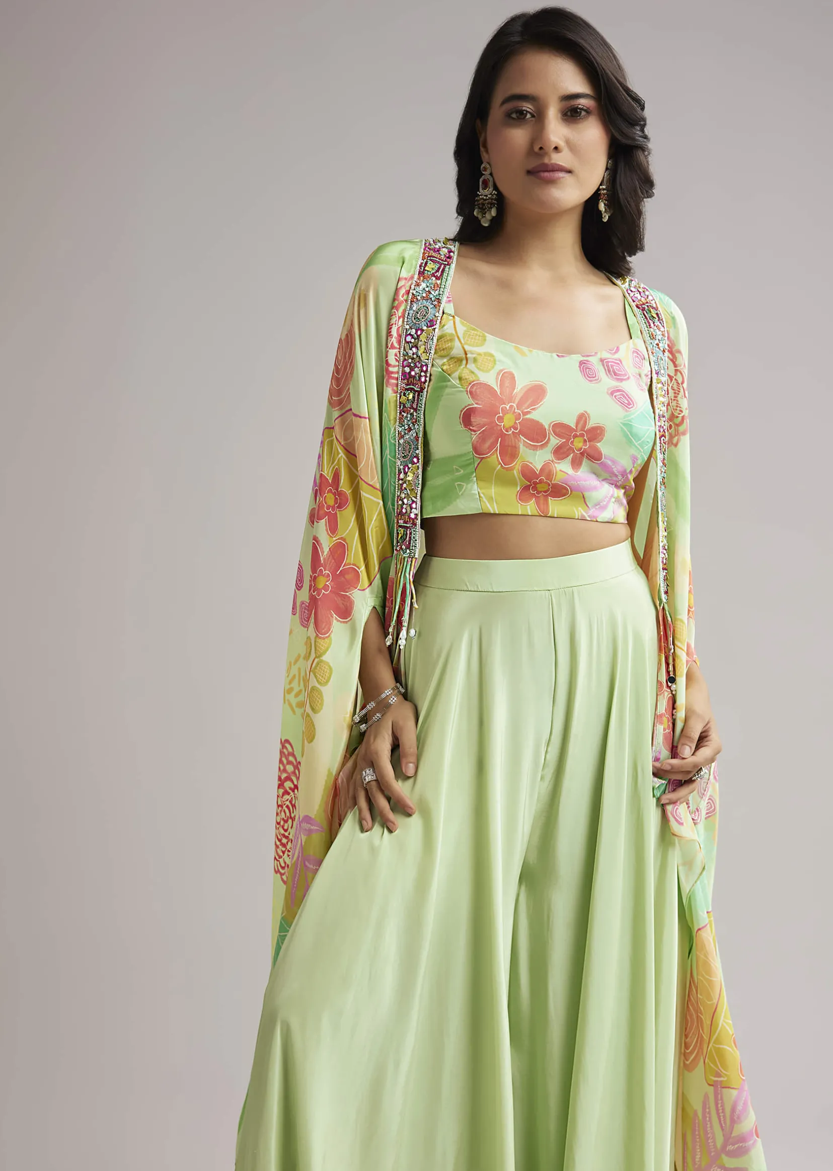 Pista Green Floral Cape Set With Crop Top And Palazzo